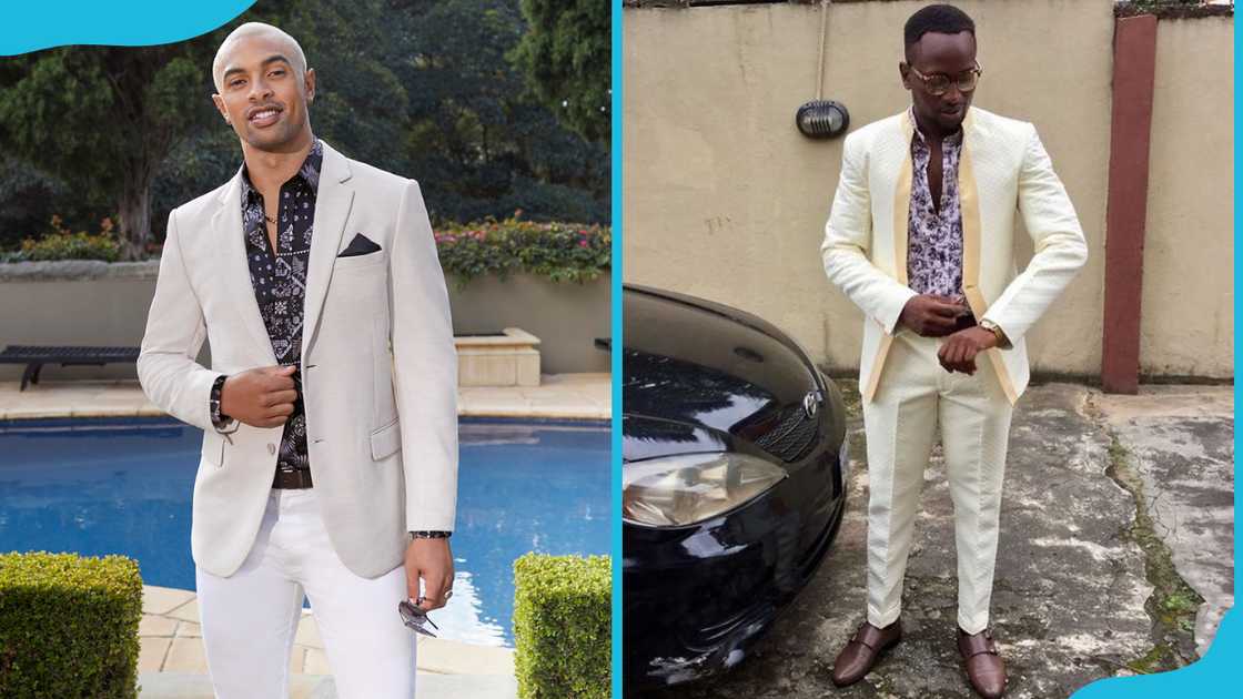 A man in light grey suit with black printed shirt (L) and a man in cream suit with white printed shirt (R) A man in light grey suit with black printed shirt (L) and a man in cream suit with white printed shirt (R)