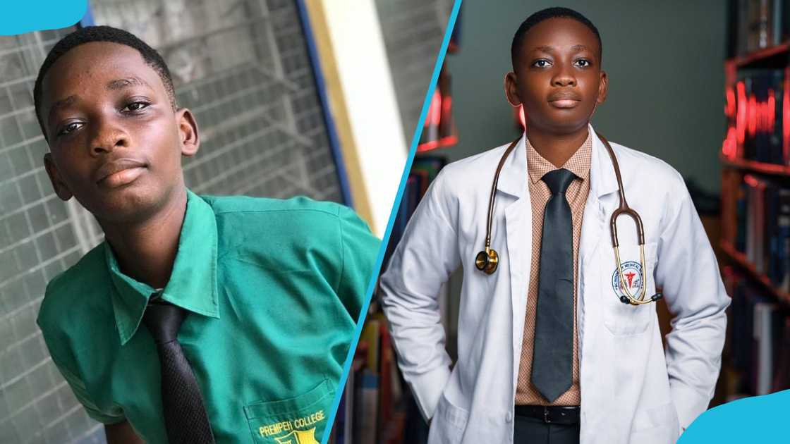 Dr Kwaku Boakye Gyamfi in the Prempeh College uniform (L) and a lab coat and stethoscope (R) Dr Kwaku Boakye Gyamfi in the Prempeh College uniform (L) and a lab coat and stethoscope (R)