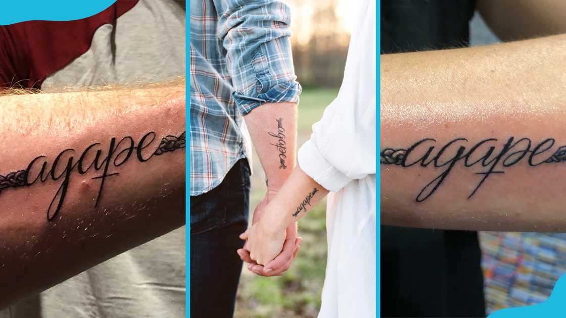 Matching “agape” tattoos on forearms, shown individually and while holding hands. Matching “agape” tattoos on forearms, shown individually and while holding hands.