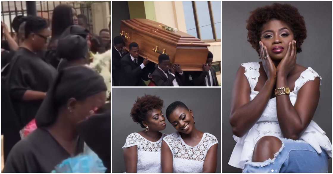 Photos of Ahuofe Patri, her mom, and mourners at her late mom's funeral.