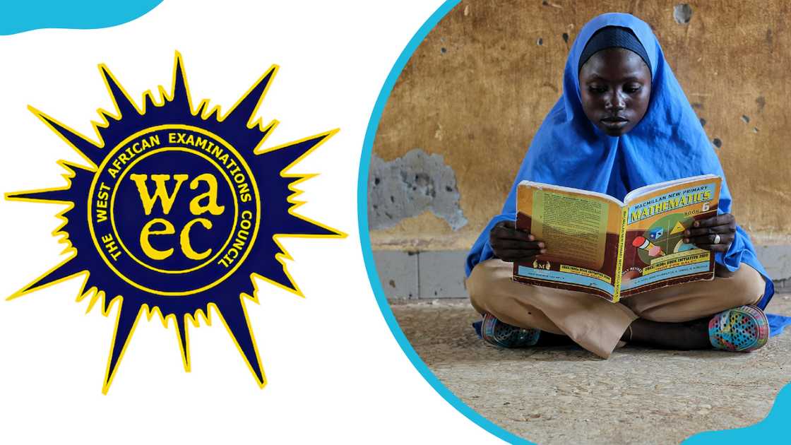 WAEC logo and a girl in a blue hijab are reading a math book