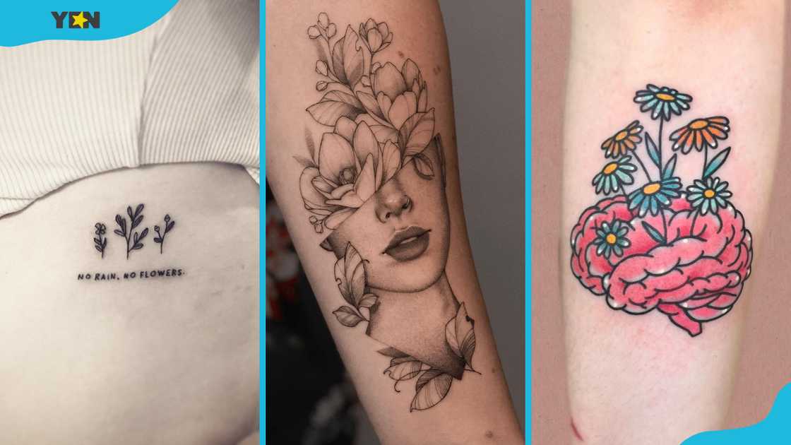 mental health tattoos: No rain no flowers (L), floral face (C), brain blooms (R) mental health tattoos: No rain no flowers (L), floral face (C), brain blooms (R)