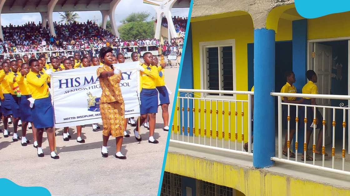 Students of His Majesty Academy participate in a parade and enter their school premises.