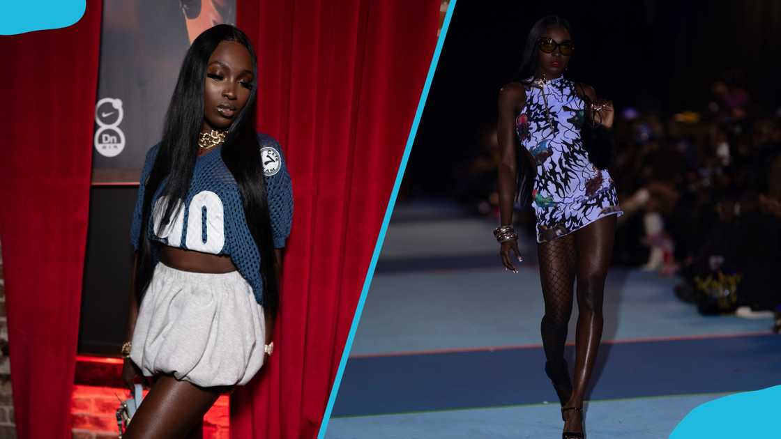 Model Zaidra James in a blue mesh top with the number "00" (L) and she walks a runway (R). Model Zaidra James in a blue mesh top with the number "00" (L) and she walks a runway (R).