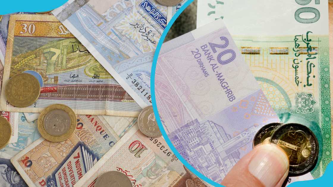 Tunisian money in various denominations and a man holding Moroccan money in various denominations Tunisian money in various denominations and a man holding Moroccan money in various denominations