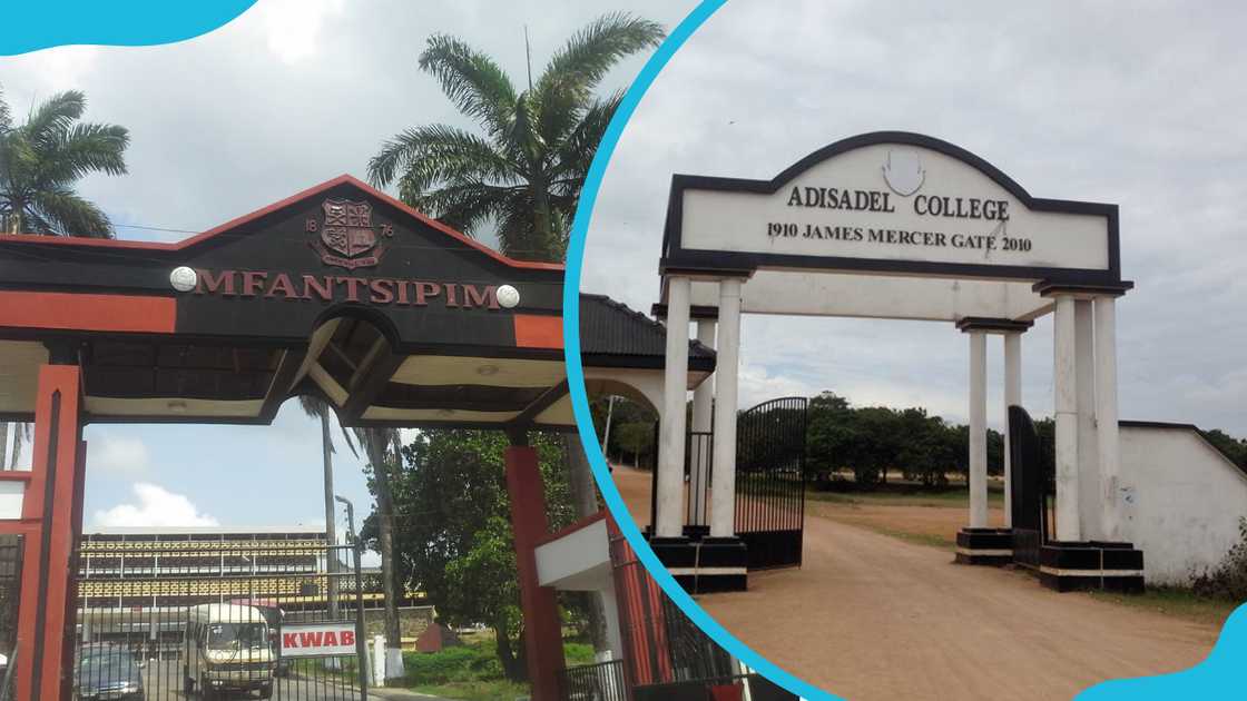 Mfantsipim School main entrance (L) Adisadel College James Mercer Gate (R) Mfantsipim School main entrance (L) Adisadel College James Mercer Gate (R)