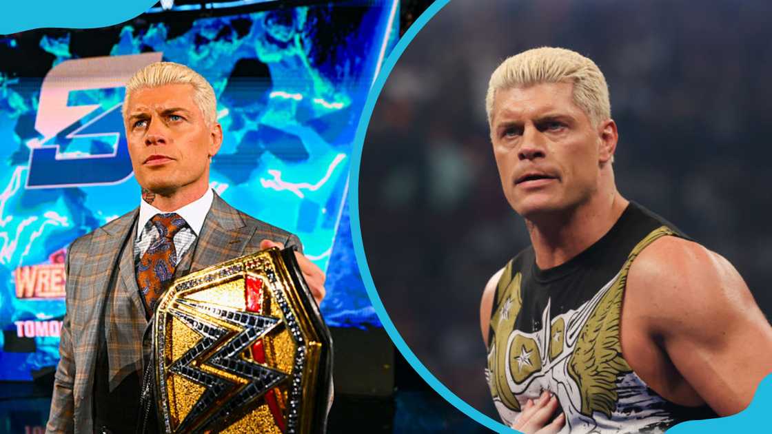 Cody Rhodes holding a belt, and during a match session Cody Rhodes holding a belt, and during a match session
