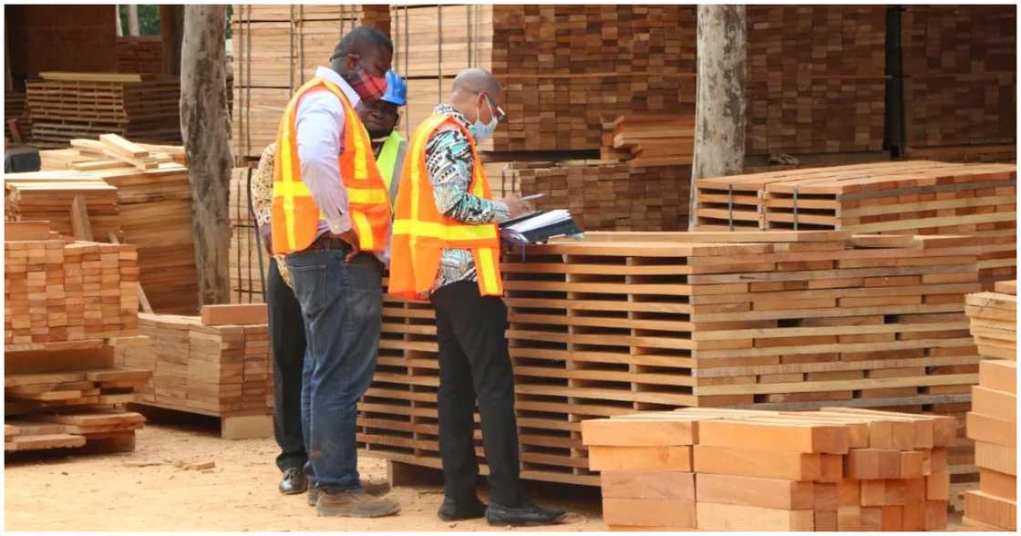 Men take stock at the Timber Recovery factory