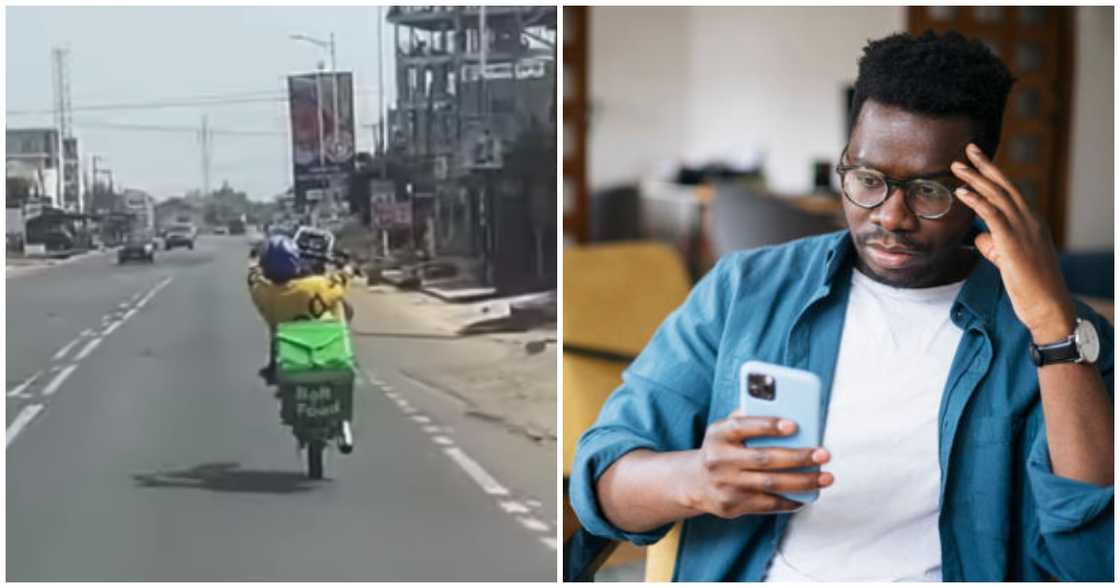 Food delivery guy filmed doing bike stunt while on an errand Food delivery guy filmed doing bike stunt while on an errand