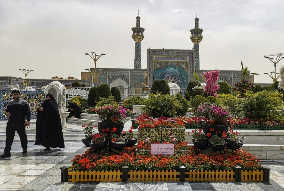 Iranians visit the spot in the courtyard of Imam Reza shrine in Mashhad city on April 6, 2022, where a day earlier an attacker stabbed three clerics, two of them fatally Iranians visit the spot in the courtyard of Imam Reza shrine in Mashhad city on April 6, 2022, where a day earlier an attacker stabbed three clerics, two of them fatally