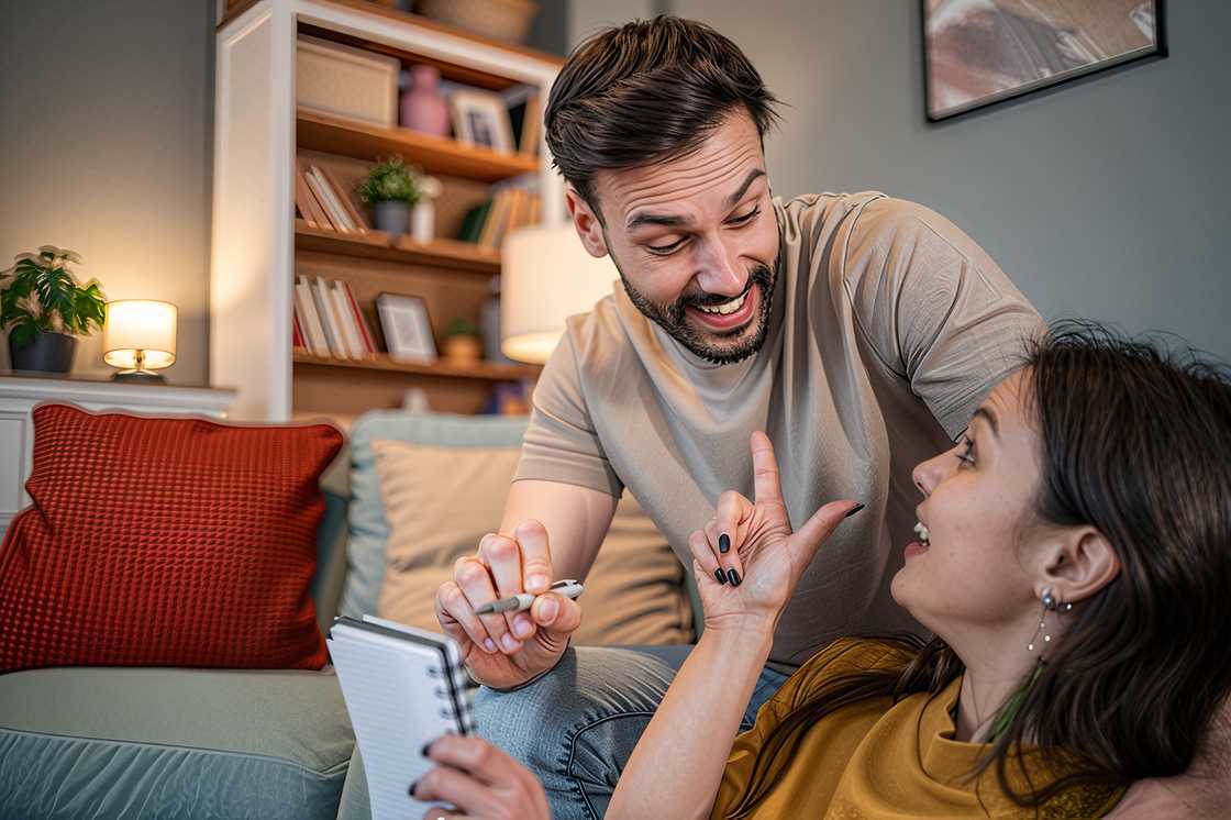 A cheerful young couple enjoys a lively game of charades at home
