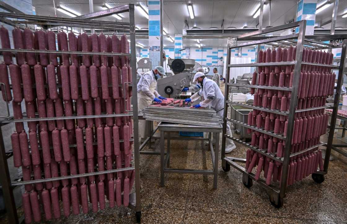 Workers produce sausages at Berdyansk Meat Processing Plant in Berdyansk Workers produce sausages at Berdyansk Meat Processing Plant in Berdyansk