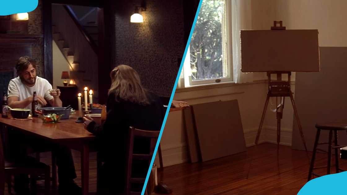 Noah Calhoun and his lover Allie Hamilton in a dinner scene (left). Allie's dedicated art room (right). Noah Calhoun and his lover Allie Hamilton in a dinner scene (left). Allie's dedicated art room (right).