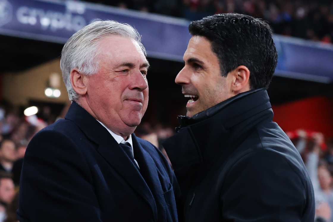 Carlo Ancelotti, manager of Real Madrid, embraces Mikel Arteta, manager of Arsenal before the Arsenal vs Real Madrid UCL QF clash on April 08, 2025 in London, England Carlo Ancelotti, manager of Real Madrid, embraces Mikel Arteta, manager of Arsenal before the Arsenal vs Real Madrid UCL QF clash on April 08, 2025 in London, England