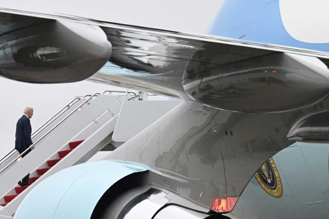 US President Joe Biden boards Air Force One to fly to California for an AUKUS summit with his British and Australian counterparts US President Joe Biden boards Air Force One to fly to California for an AUKUS summit with his British and Australian counterparts