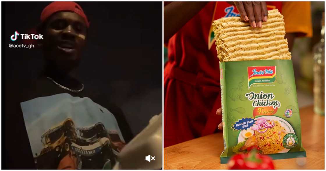 Black Sherif (left) and a hungry man size Indomie pack. Black Sherif (left) and a hungry man size Indomie pack.