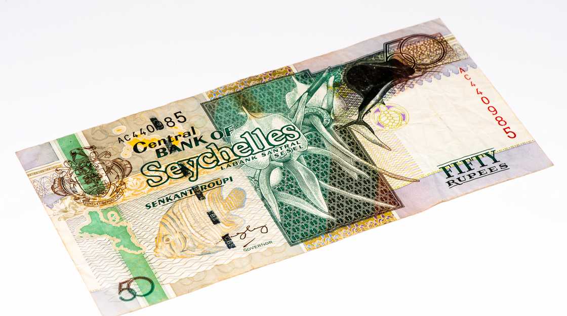 a 50 Seychellois rupee banknote, the national currency of Seychelles a 50 Seychellois rupee banknote, the national currency of Seychelles