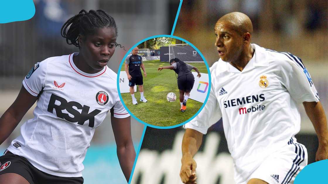 Black Queens star, Freda Ayisi teaches Roberto Carlos, Freda Ayisi gives Roberto Carlos football lesson, Freda Ayisi footbal skills, Freda Ayisi Watford. Black Queens star, Freda Ayisi teaches Roberto Carlos, Freda Ayisi gives Roberto Carlos football lesson, Freda Ayisi footbal skills, Freda Ayisi Watford.