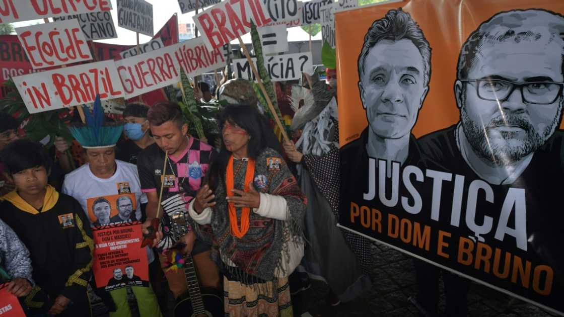 Guarani Indigenous people and environmental activists protest in Brazil in the wake of the killing of rights defender Bruno Pereira and British journalist Dom Phillips in the Amazon