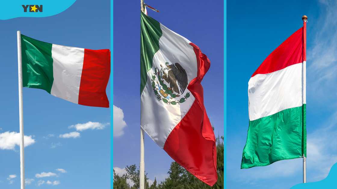 Italian (L), Mexican (M), and Hungarian flags (R)