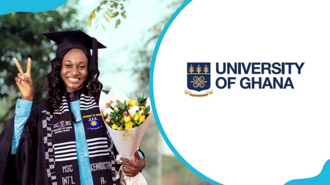 A lady graduating from the University of Ghana and the university logo A lady graduating from the University of Ghana and the university logo