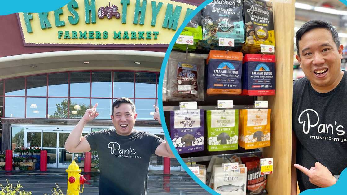Michael Pan, the founder of Pan's Mushroom Jerky, at a Food Market and in a supermarket aisle with his products Michael Pan, the founder of Pan's Mushroom Jerky, at a Food Market and in a supermarket aisle with his products