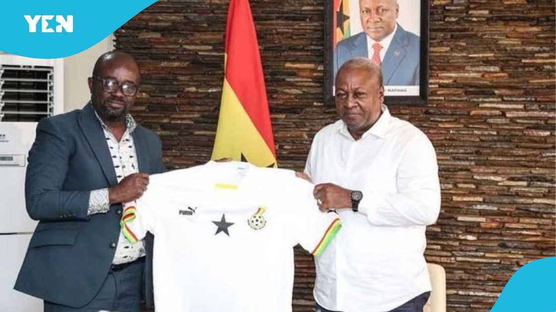 President of Ghana H.E John Dramani Mahama presented with a Black Stars jersey by GFA President Kurt Okraku Kurt Okraku in October 2022 President of Ghana H.E John Dramani Mahama presented with a Black Stars jersey by GFA President Kurt Okraku Kurt Okraku in October 2022