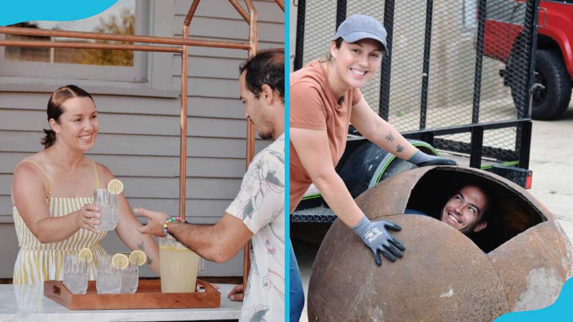 Ashley in a lemonade stand and during a renovation project