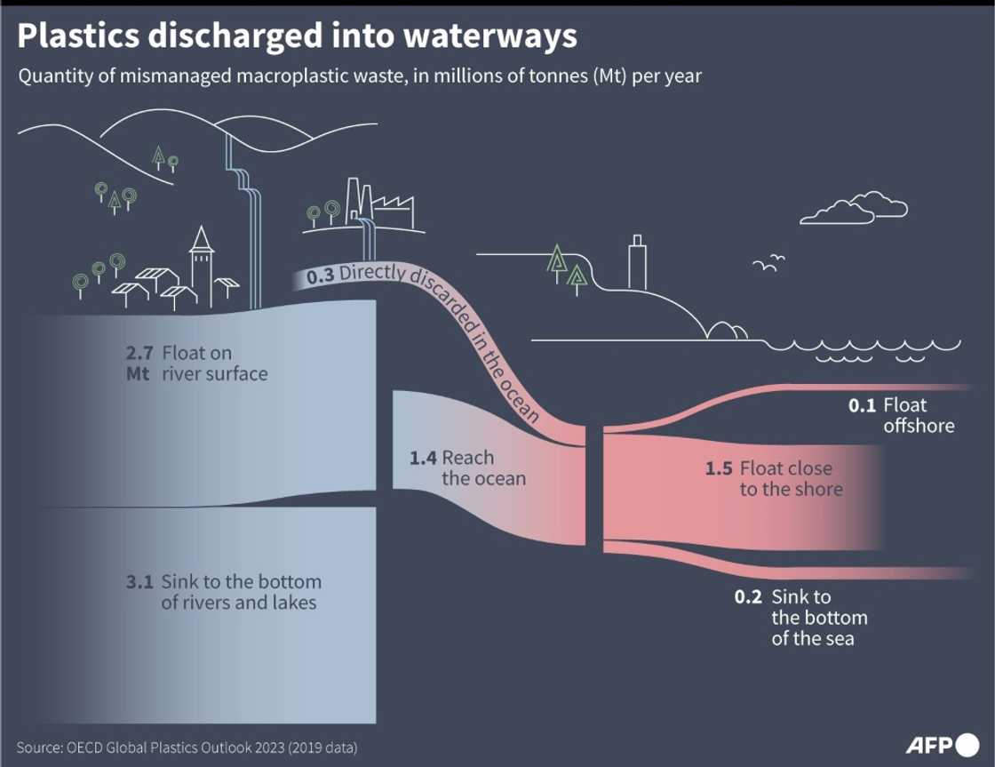 Graphic showing the estimated quantities of mismanaged macroplastics in the water, according to OECD data