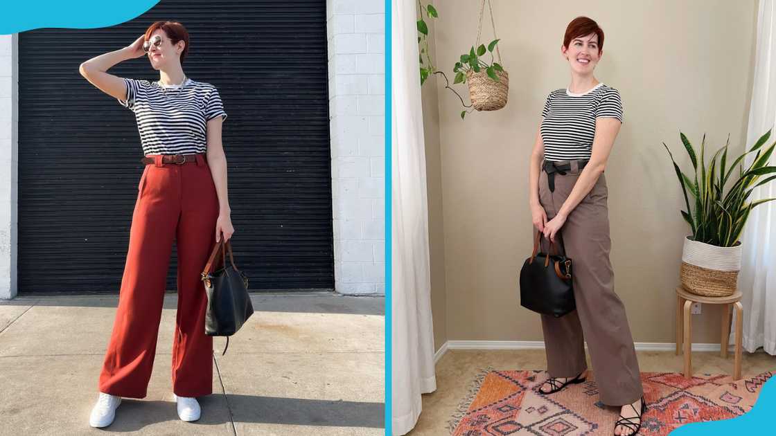 Striped black and white blouse outfit with orange (L) and brown (R) pants.