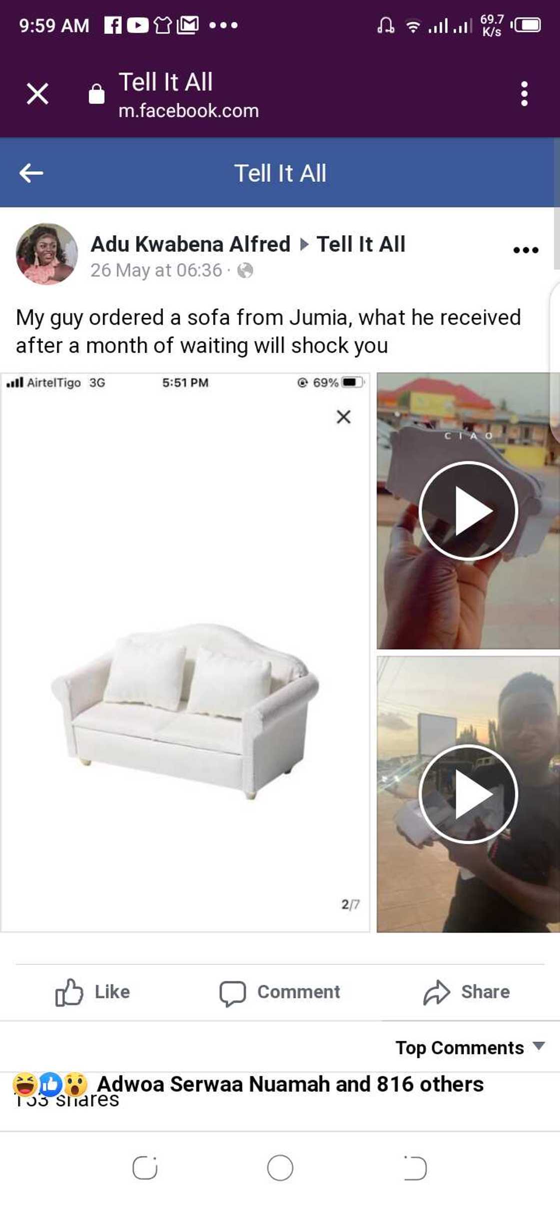 Man Orders sofa on Jumia for GHc 150; Receives it After 1 Month & Sees true size