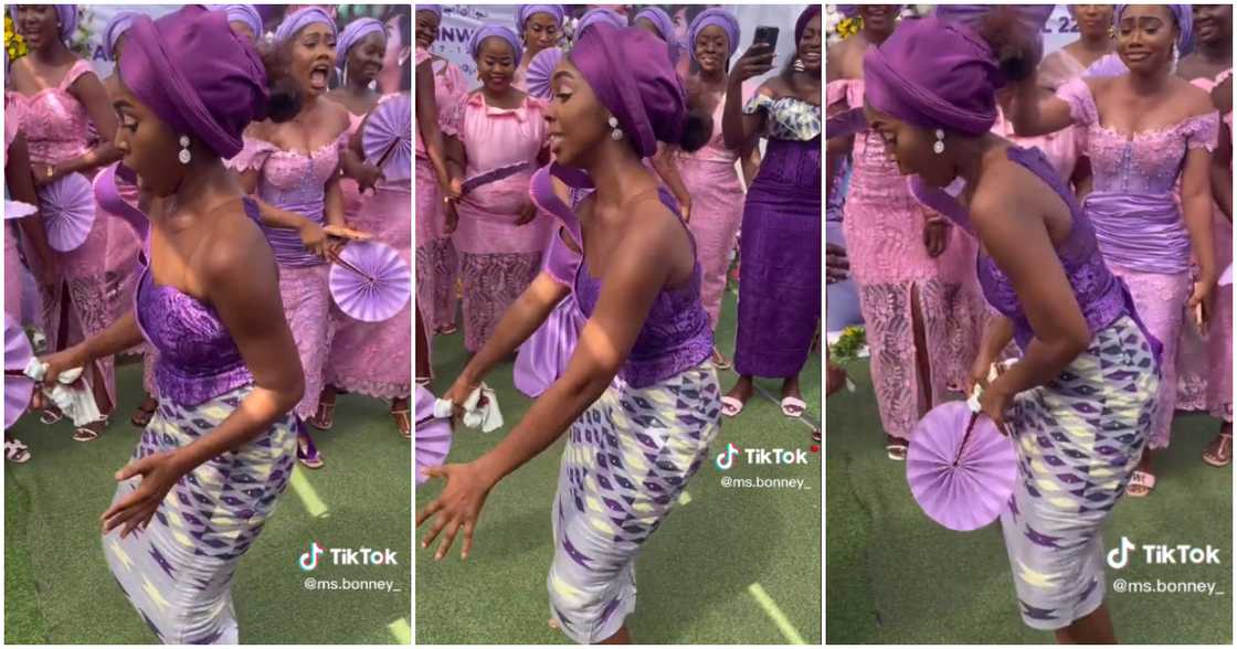 Pretty lady dances at wedding.