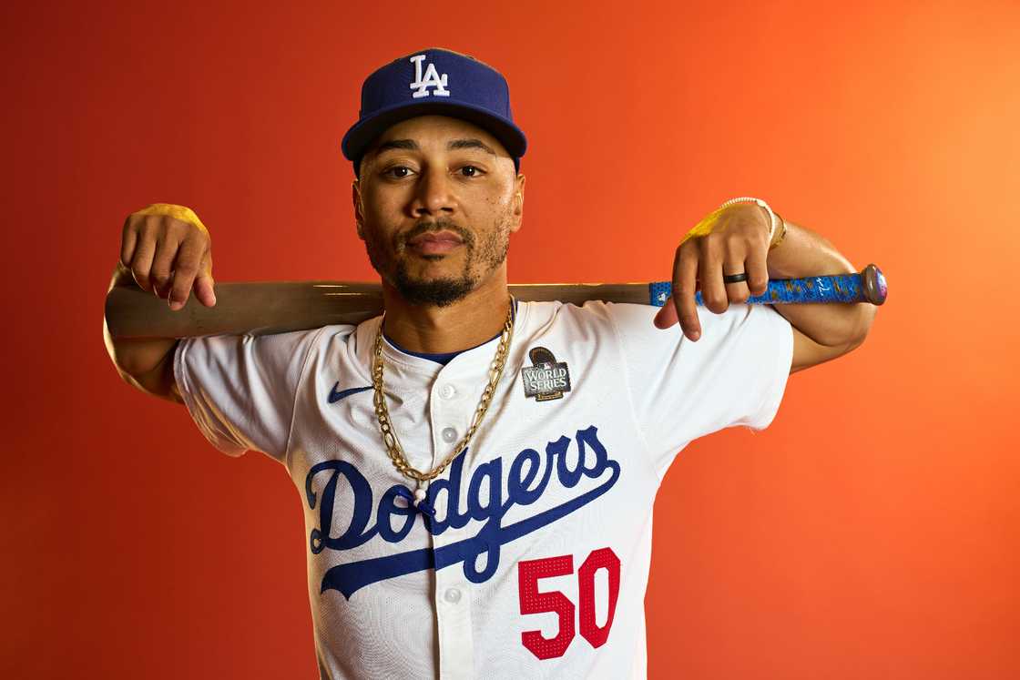 Mookie Betts poses for a photo during the workout day before the 2024 World Series