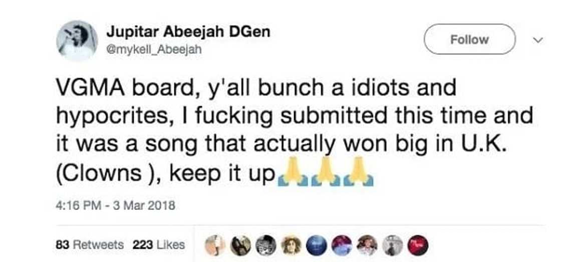 You’re all bunch of idiots and hypocrites – Jupitar slams VGMA board You’re all bunch of idiots and hypocrites – Jupitar slams VGMA board