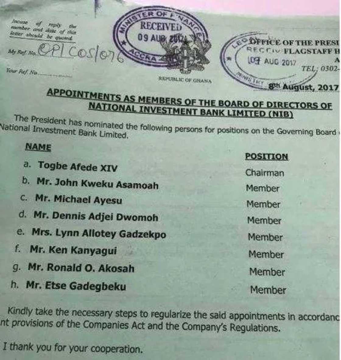 President Akufo Addo appoints Togbe Afede as NIB board chairman President Akufo Addo appoints Togbe Afede as NIB board chairman