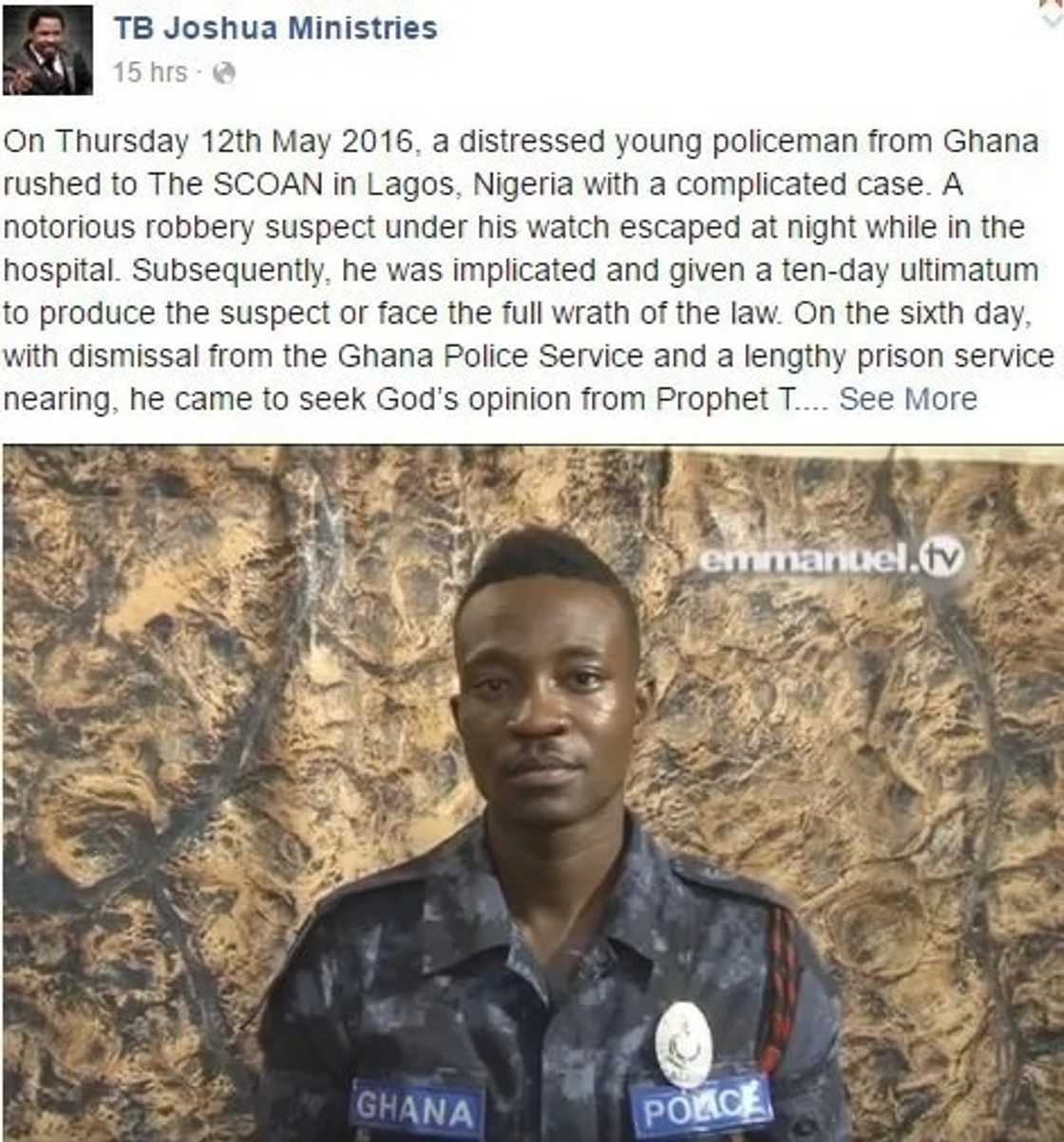 Ghana police official consults T.B Joshua over escapee robber Ghana police official consults T.B Joshua over escapee robber