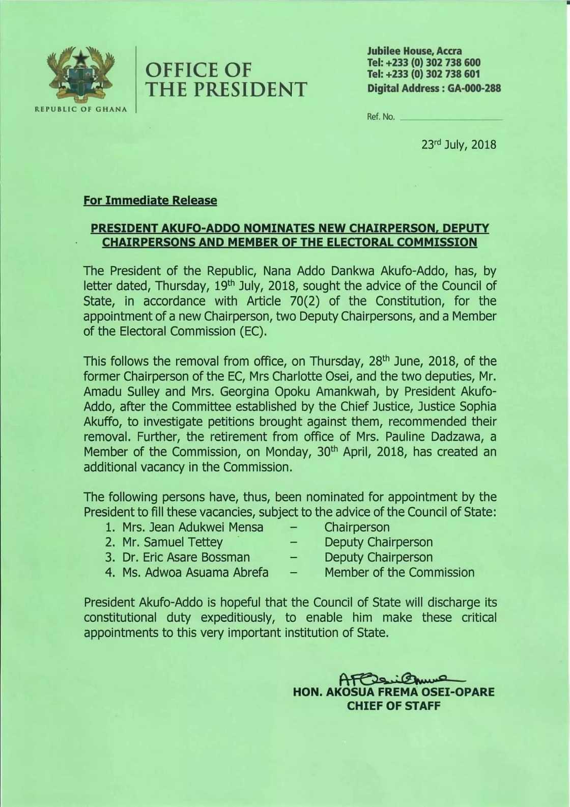 Akufo-Addo names Jean Mensa as new EC Chairperson Akufo-Addo names Jean Mensa as new EC Chairperson