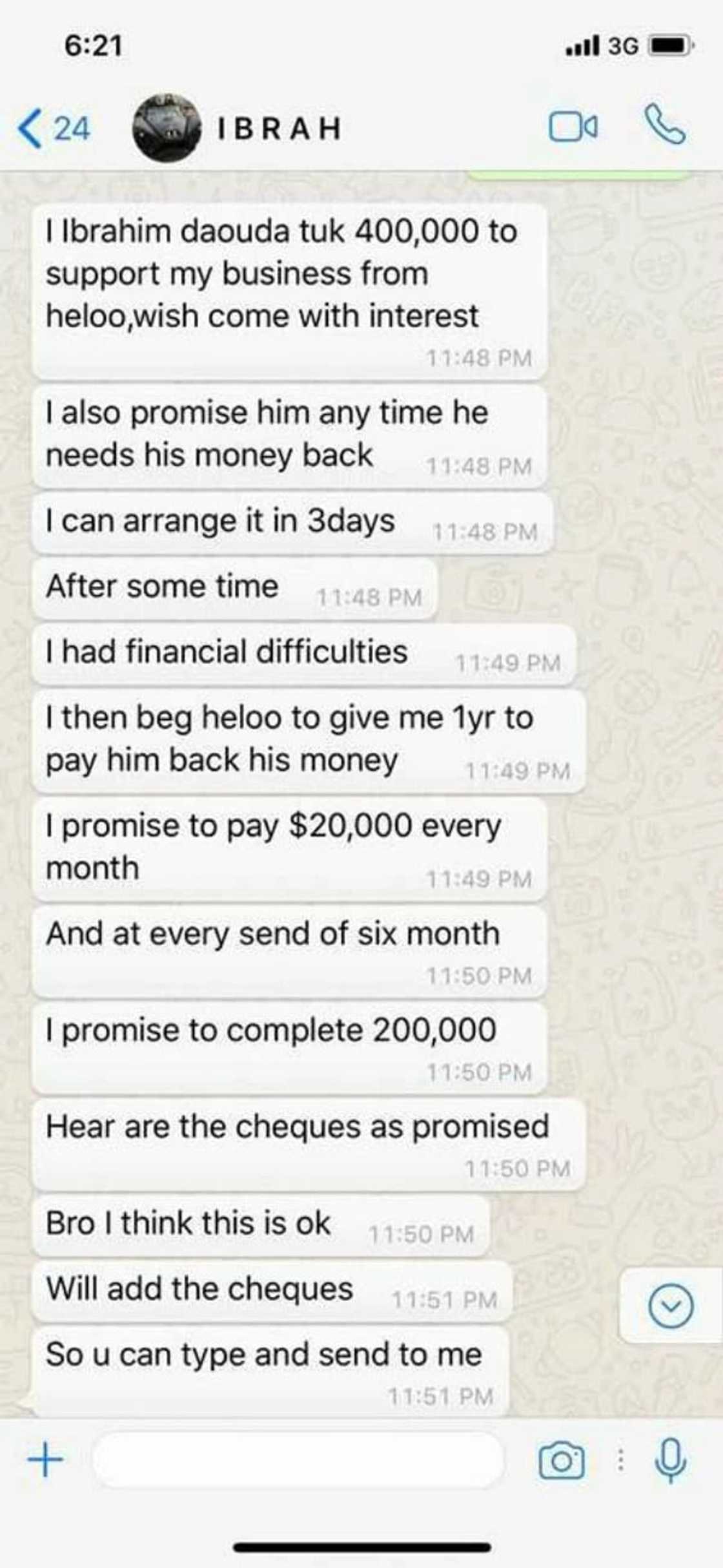 'Leaked' Whatsapp chats suggest Ibrah owes Heloo $400k 'Leaked' Whatsapp chats suggest Ibrah owes Heloo $400k