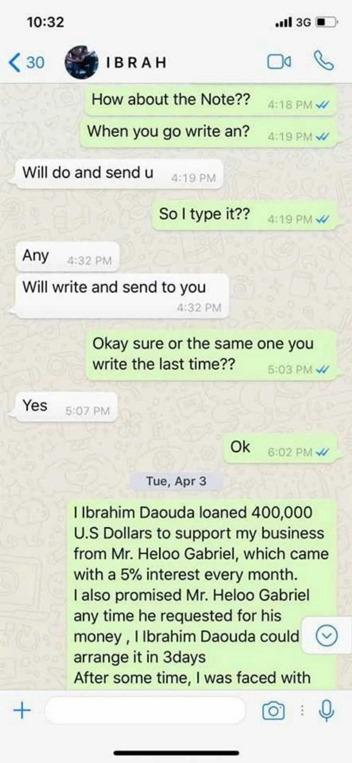 'Leaked' Whatsapp chats suggest Ibrah owes Heloo $400k 'Leaked' Whatsapp chats suggest Ibrah owes Heloo $400k