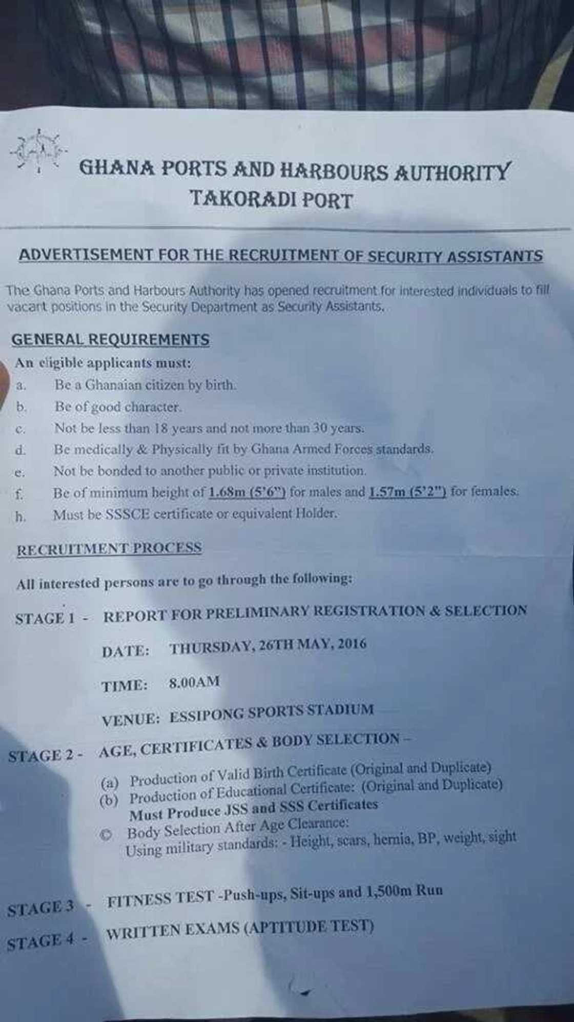 Takoradi port recruitment for security assistants Takoradi port recruitment for security assistants