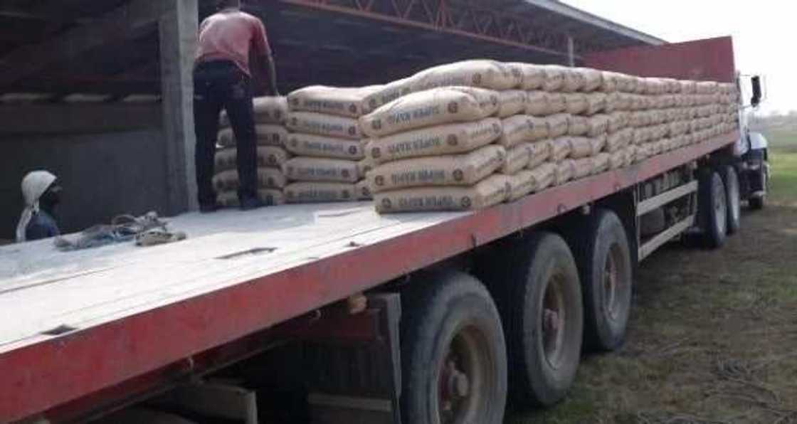 Cement bags packed on a vehicle.