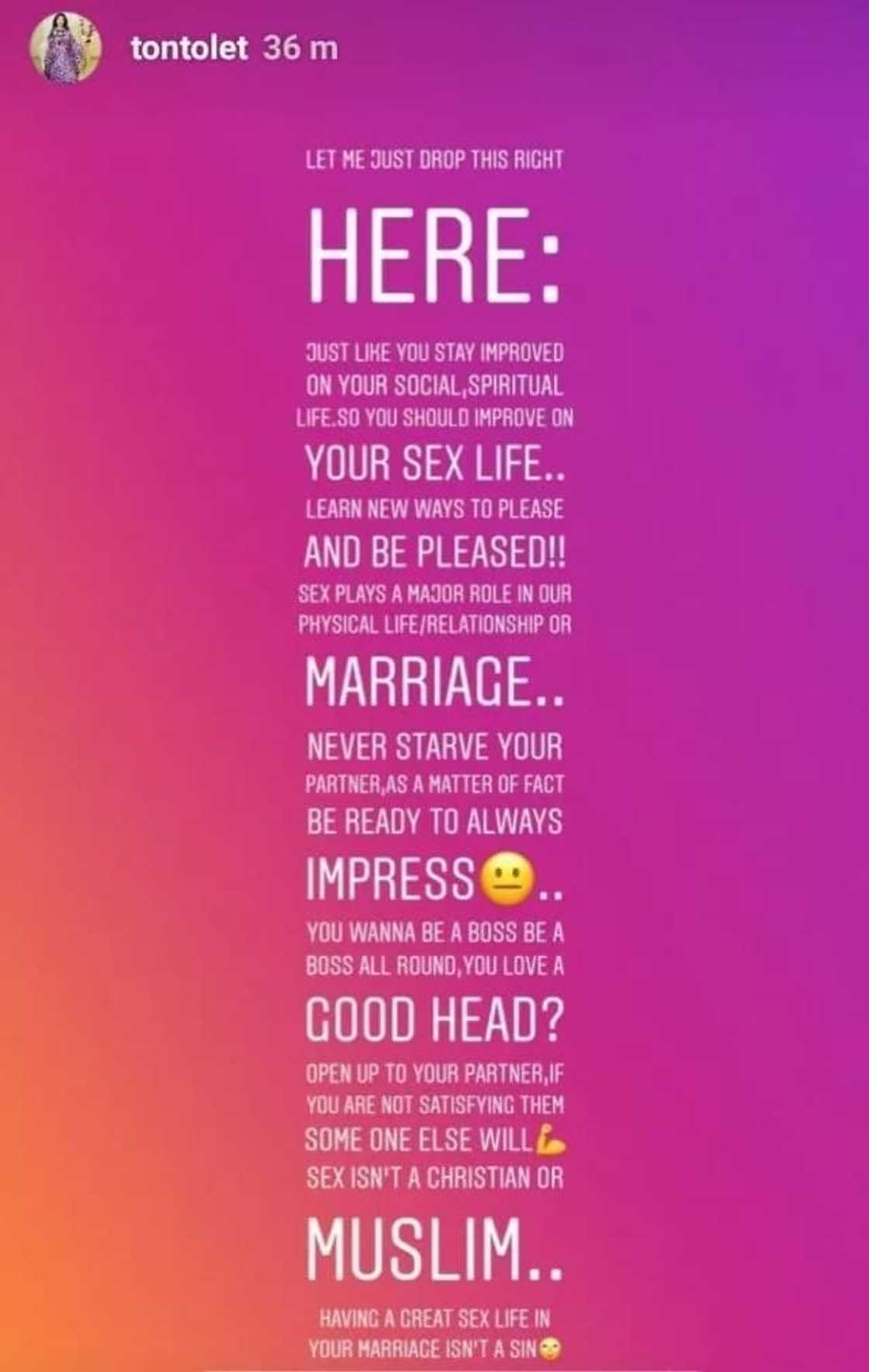 Let your partner know what you want during intimacy; don't be too diplomatic - Tonto Dikeh preaches