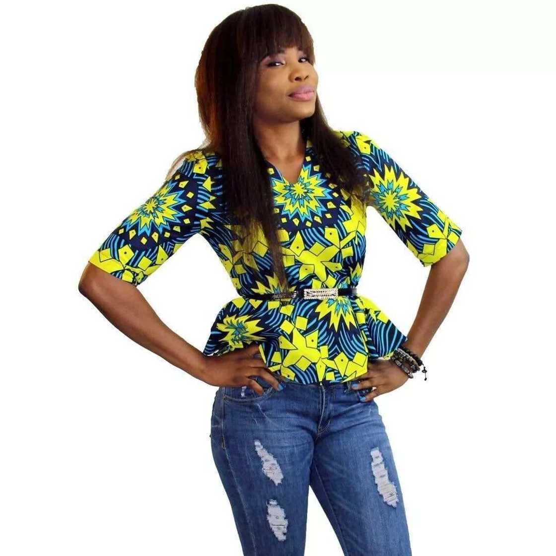 ankara tops for ladies
stylish tops to wear with jeans
ankara blouse on jeans
trendy styles made with ankara
peplum ankara tops
ankara tops designs