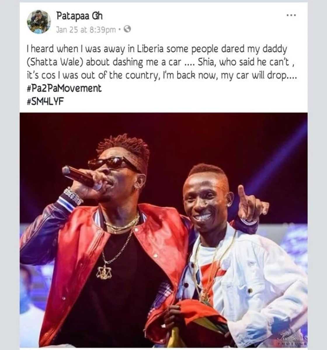 Patapaa's post for a car gift from Shatta Wale Patapaa's post for a car gift from Shatta Wale