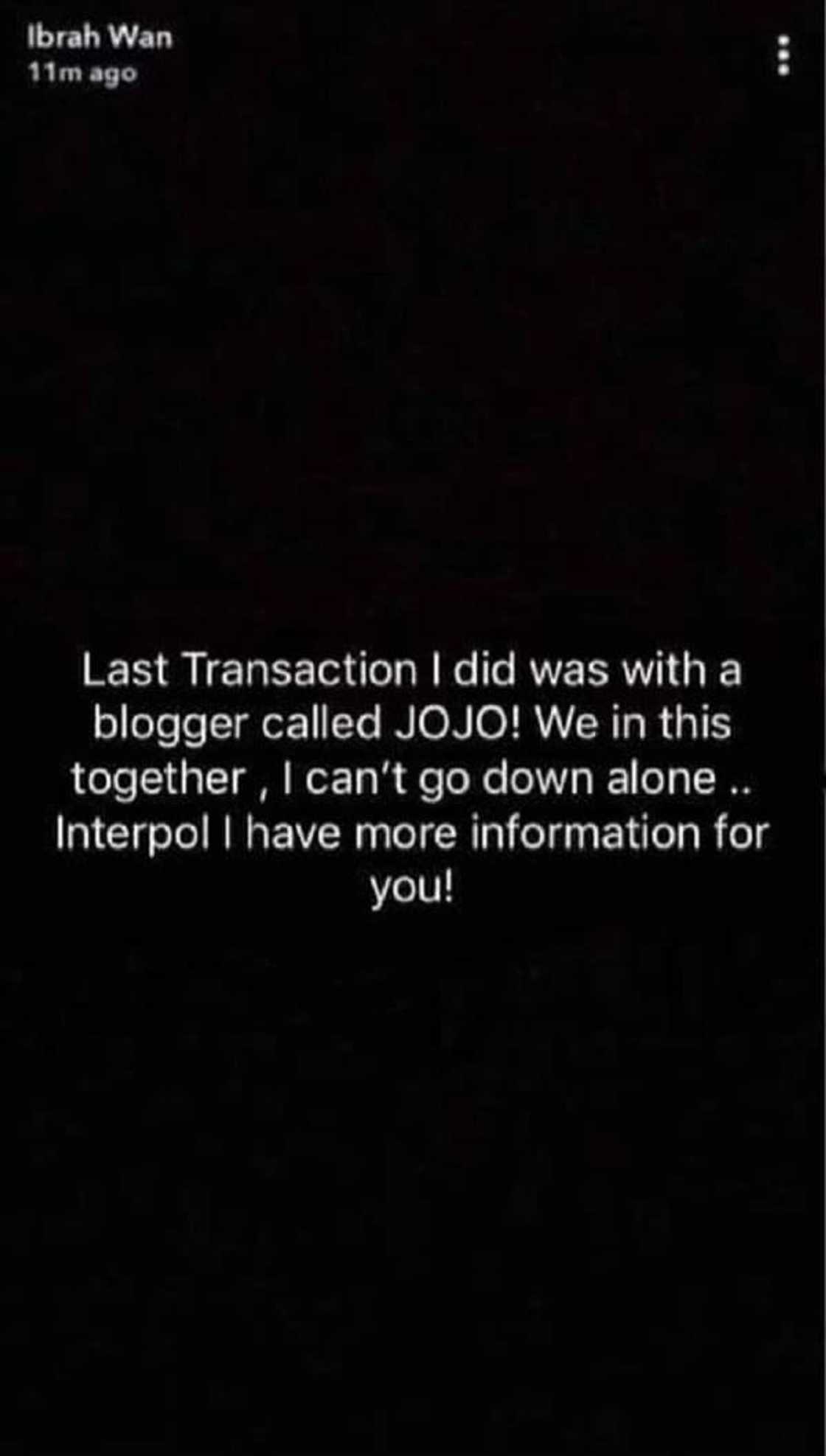 Ibrah's post about Jojo which was sighted on Facebook Ibrah's post about Jojo which was sighted on Facebook