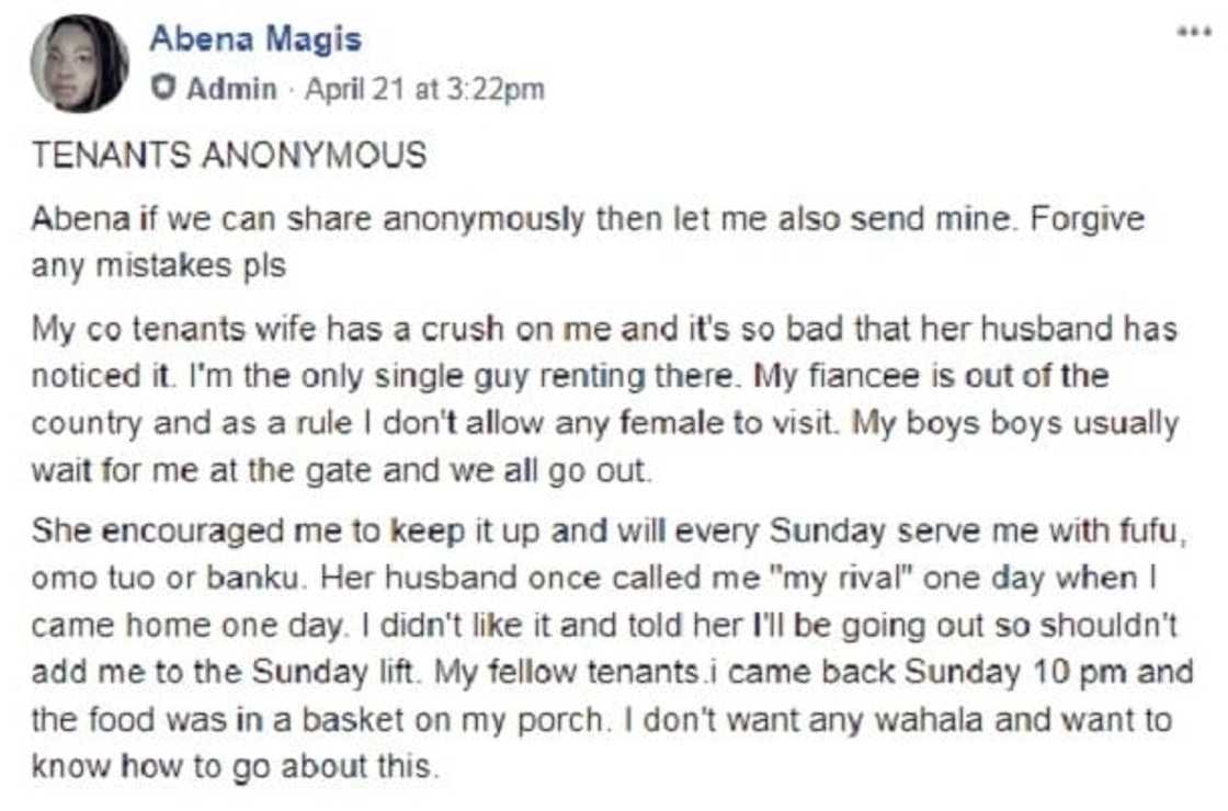 The wife of my co-tenant wants me, she serves me Fufu every Sunday - Confused tenant asks for help