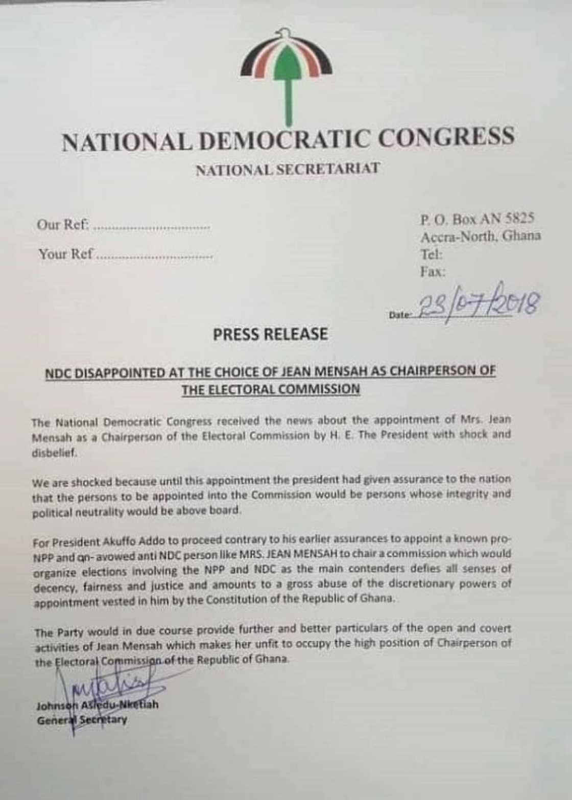 Jean Mensa unfit to occupy high EC position – NDC Jean Mensa unfit to occupy high EC position – NDC