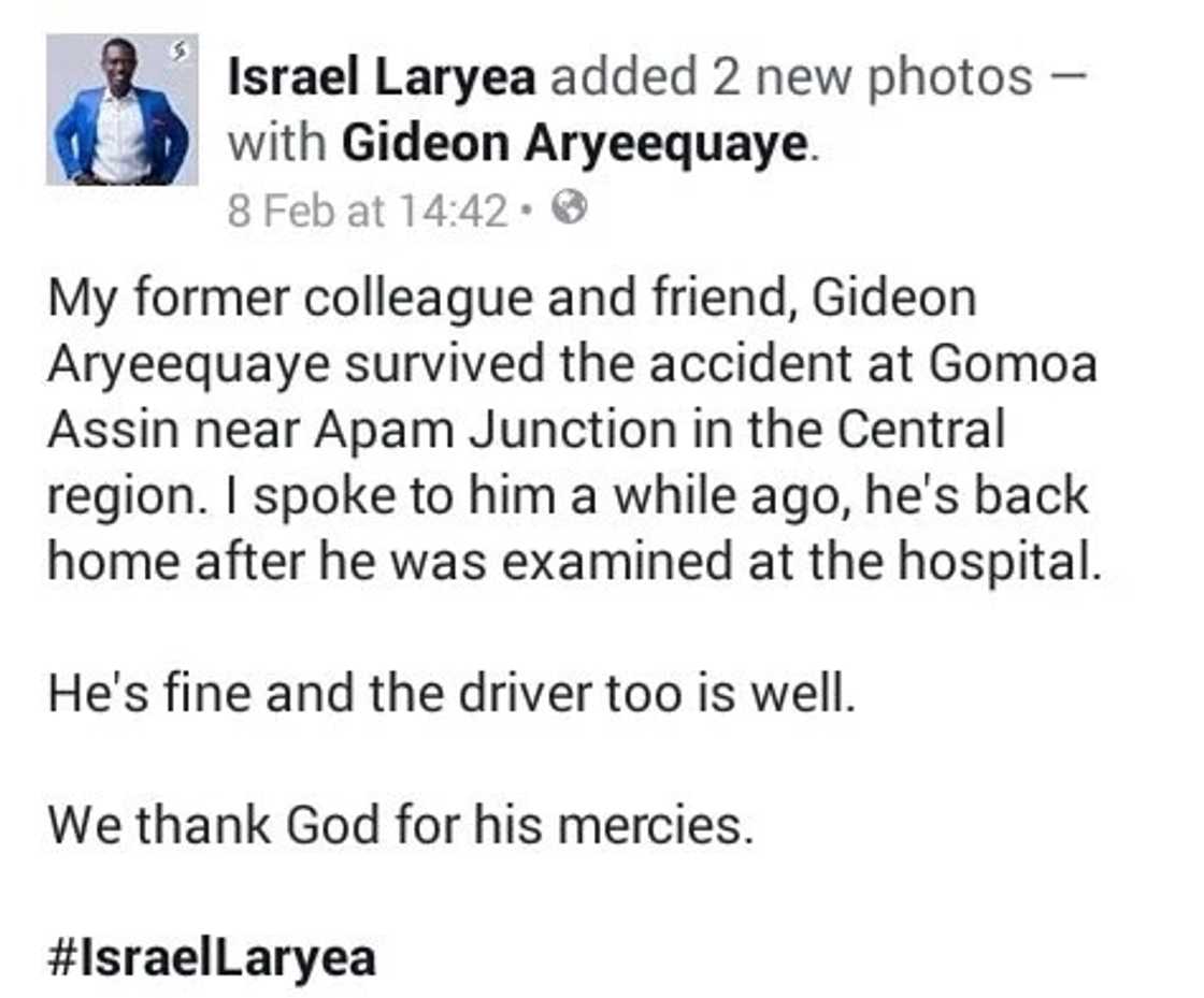 Update :Former newscaster, Gideon Aryeequaye discharged accident Update :Former newscaster, Gideon Aryeequaye discharged accident