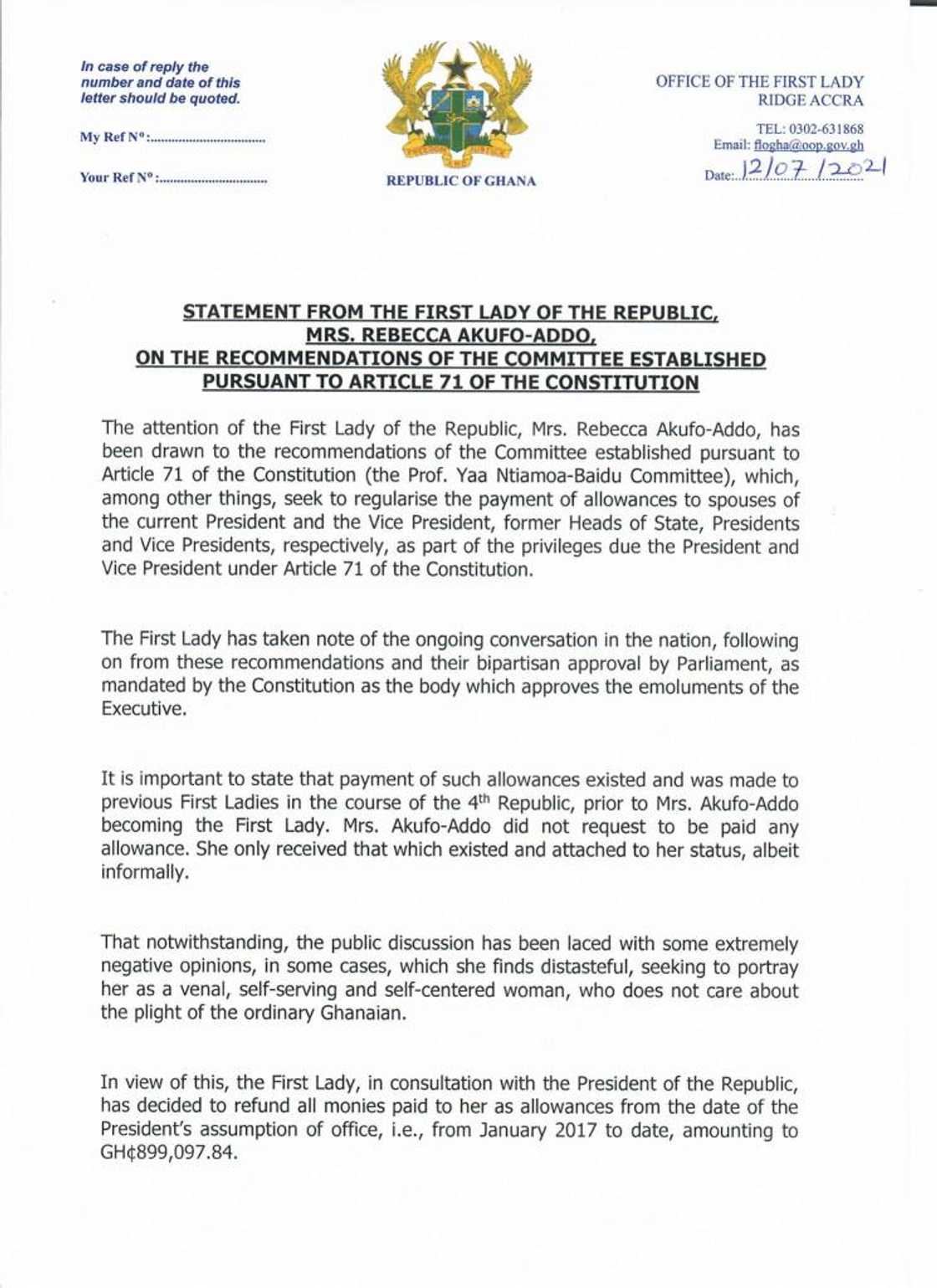 Rebecca Akufo-Addo rejects salary; refunds over GHC899k allowances since 2017 Rebecca Akufo-Addo rejects salary; refunds over GHC899k allowances since 2017