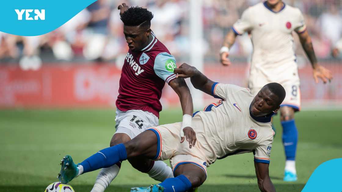 Mohammed Kudus in a duel with Chelsea's Moises Caicedo during a Premier League clash. Photo by Visionhaus. Mohammed Kudus in a duel with Chelsea's Moises Caicedo during a Premier League clash. Photo by Visionhaus.